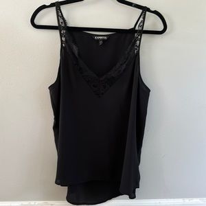 Black Express sheer tank top with lace trim on the front.
